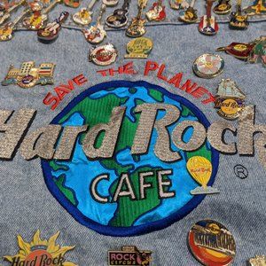 Vintage 1990s Hard Rock Cafe PARIS Denim Jacket XL w/ 120+ pins around the world